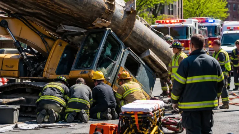 Injured worker extricated after equipment collapse on Atlantic Street in Bridgeport